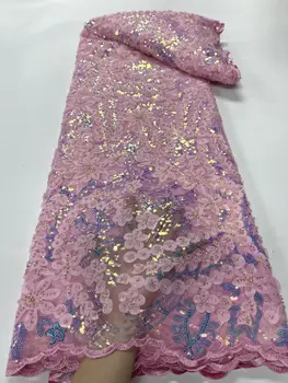 Розовая Кружевная Ткань Нигерийская Ткань с Жемчугом 3D Кружевная Вышивка Тюлевая Сетчатая Ткань для Свадебного Платья Африканские Бусины Ткань