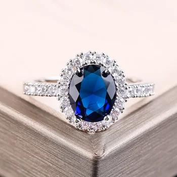 Роскошное Обручальное кольцо с Большим Овальным синим камнем Для женщин, Классическое С Кристаллами, Ювелирные изделия Серебряного цвета, Кольца, Браслет, подарок