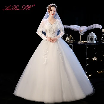 Свадебное платье принцессы AnXin SH party, белое кружевное платье с цветами, винтажное бальное платье с v-образным вырезом и длинными рукавами, белое свадебное платье