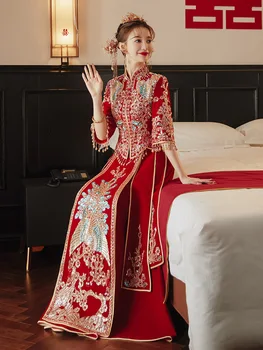 Свадебное платье с вышивкой павлином из красного велюра для невесты, Ципао в китайском стиле, расшитое блестками и бисером китайская одежда
