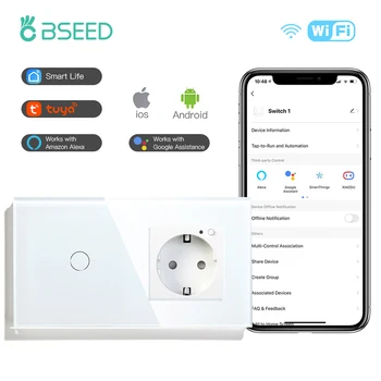 Сенсорный выключатель BSEED Smart Wifi 1/2/3 Gang Стандарт ЕС Розетка EU Работа с Tuya Google Умный дом Панель из хрусталя Smart Switch