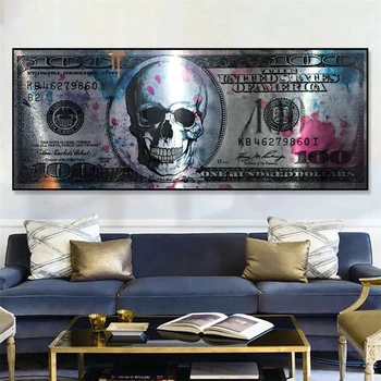 Современный плакат с изображением Черепа и доллара на холсте и принты Креативные Деньги 100 Долларов, Картина, Декор стен, Живопись Для Гостиной, дома