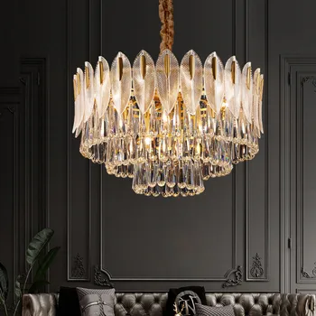 Современный светильник, Роскошная хрустальная люстра для гостиной и столовой, стеклянная лампа в форме листа, Круглая лампа для спальни, подвесной светильник