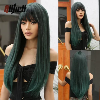 Темно-зеленые косплей-парики для чернокожих женщин, синтетический Длинный прямой парик из натуральных волос с челкой, термостойкие волокна, повседневные волосы