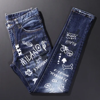 Уличные Модные Мужские джинсы Высокого Качества в стиле ретро, Синие эластичные облегающие Рваные джинсы, Мужские дизайнерские брюки в стиле хип-хоп с принтом, Брендовые брюки Hombre