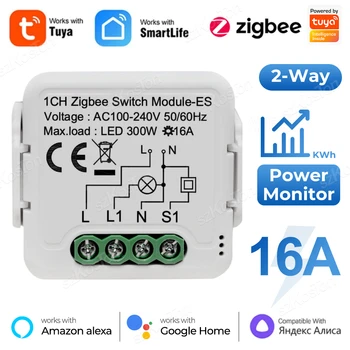Умный выключатель Tuya ZigBee 16A с функцией контроля мощности DIY Din Rail Breaker Работает с Alexa Google Home Alice ZigBee2MQTT