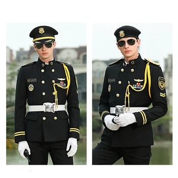 Униформа охранника, мужская униформа швейцара, двубортный воротник-стойка, черная куртка консьержа, брюки, шляпа, лента, аксессуары