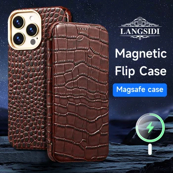 Флип-чехол из натуральной Кожи для iPhone 14 Pro Max Magsafe Case Роскошная Магнитная Беспроводная Зарядка Чехол-книжка для iPhone 14 Plus