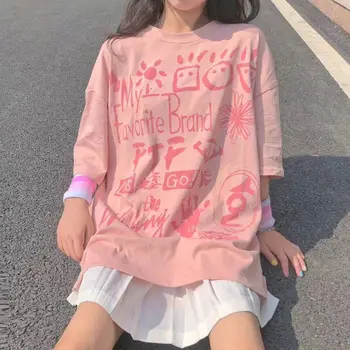 Футболка Harajuku Оверсайз, Повседневный Корейский милый Свободный топ Y2k, модная розовая футболка с принтом Вороны, Летняя новая женская уличная одежда