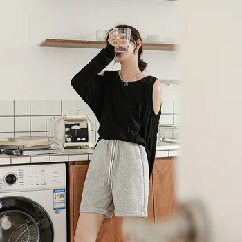 Хлопковый топ, женская футболка без бретелек с длинными рукавами, нижняя рубашка, осенний тонкий корейский свитер свободного кроя