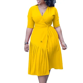 Черное Африканское платье с V-образным вырезом для Женщин 2023, Летний Стиль, Элегантные Плиссированные Длинные Платья Миди, Халаты Longues Femmes, Африканская Одежда
