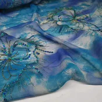 Шелковая ткань Сари-Жоржет с пайетками, вышивка бисером, натуральная ткань для платья цвета шелковицы