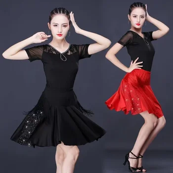 Элегантная юбка для латиноамериканских танцев с коротким рукавом Для женщин, Новое Стильное Удобное мягкое платье для бальных танцев, одежда для вальса, костюм для танцев, черный и красный