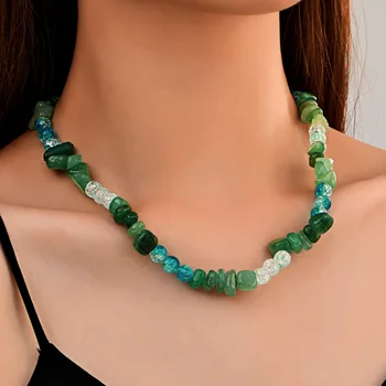 Ювелирные изделия: Богемное короткое ожерелье из зеленого камня, летняя цепочка с кристаллами неправильной формы, женская цепочка на ключицу